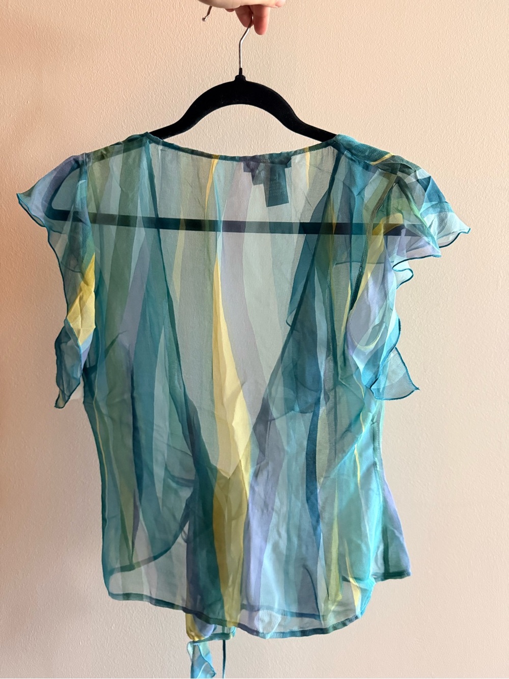 BCBGMaxAzria Teal Aqua and Yellow Striped Ruffle Tie-Front Blouse 100% silk - Picture 3 of 3